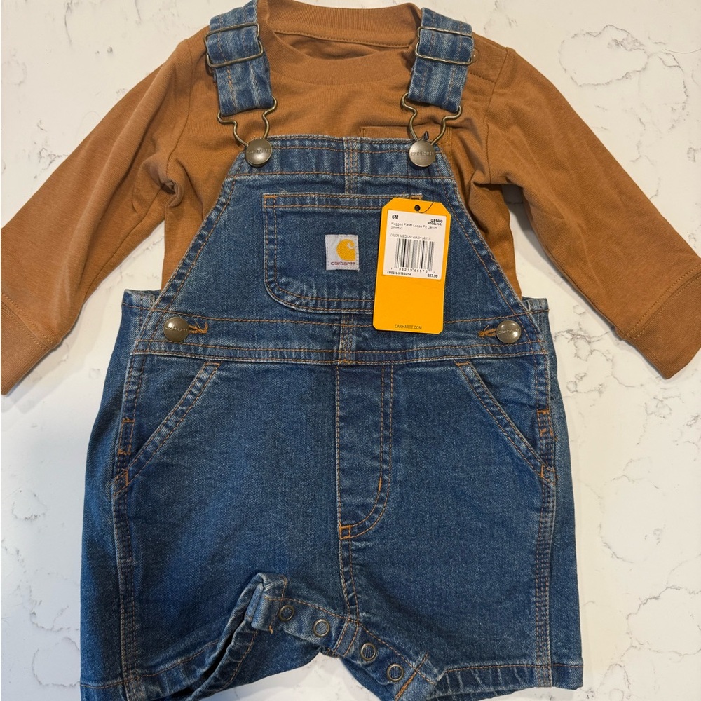 Carhartt Denim Blue Overalls with Brown Onesie